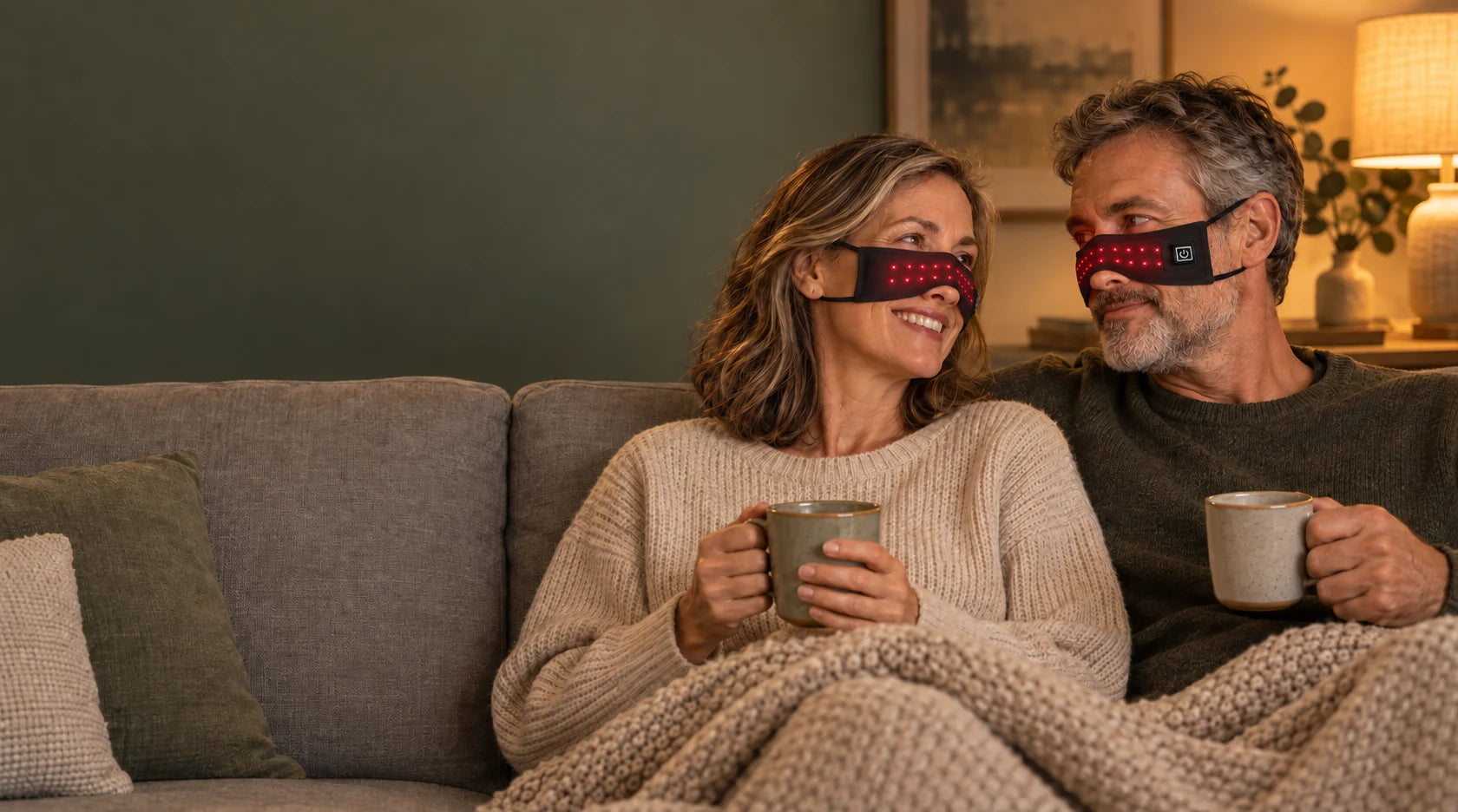 A couple wearing nose bands during a quiet evening at home