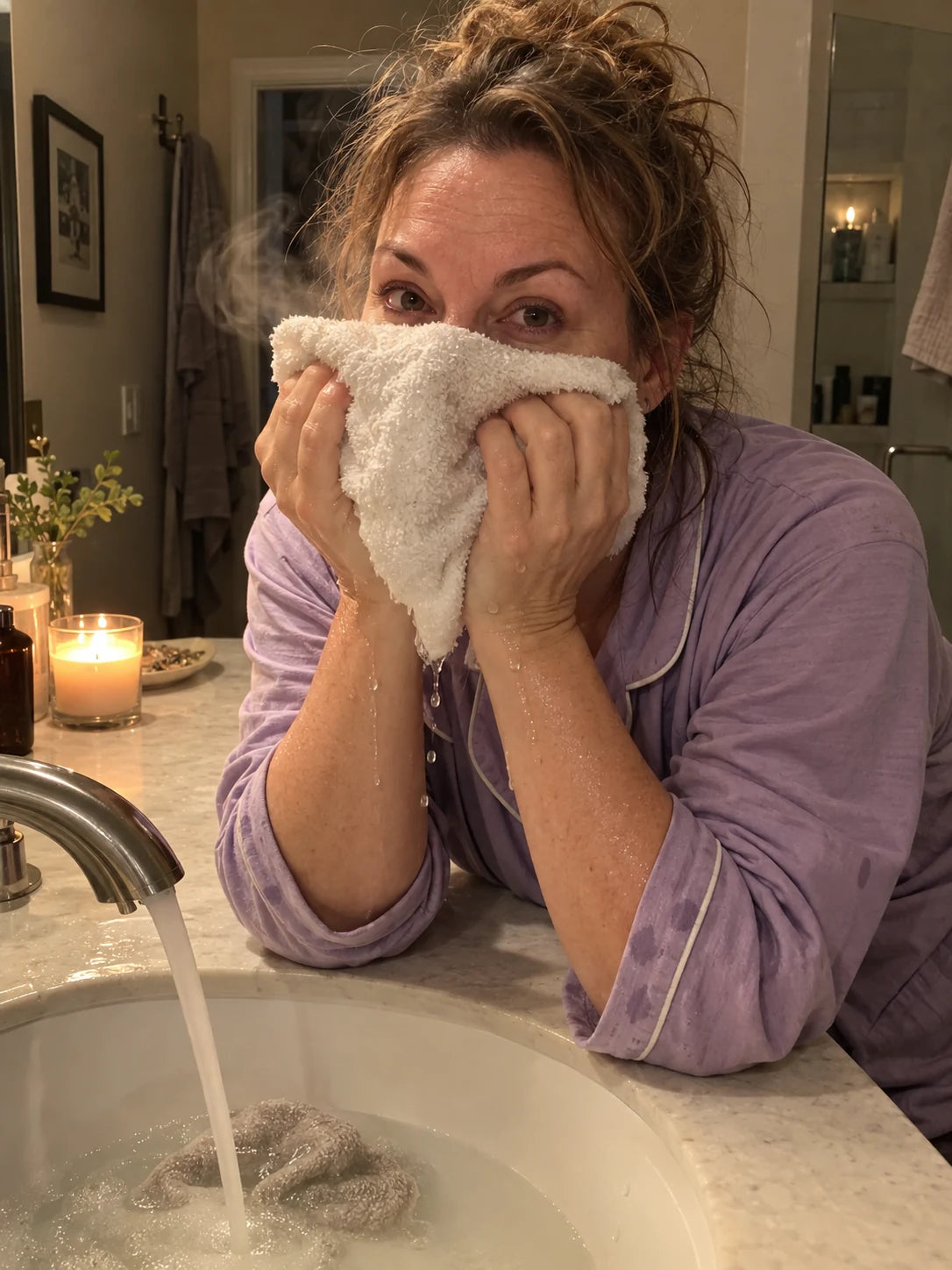 Woman with a hot washcloth